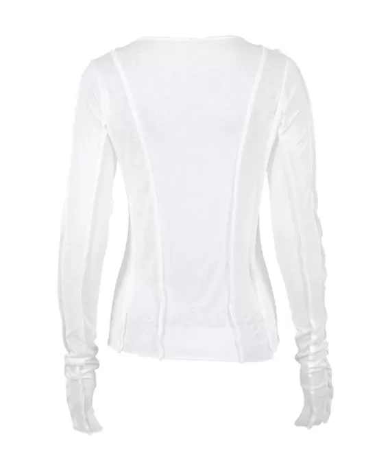 Pleated Solid Color Long Sleeves Skinny Round-Neck T-Shirts