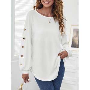 Simple Loose Long Sleeves Solid Color Round-Neck T-Shirts Tops