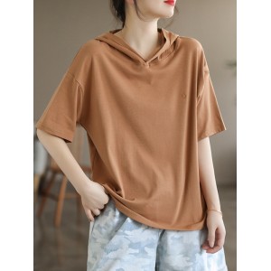 Hooded Solid Color Short Sleeves Hooded T-Shirts Tops