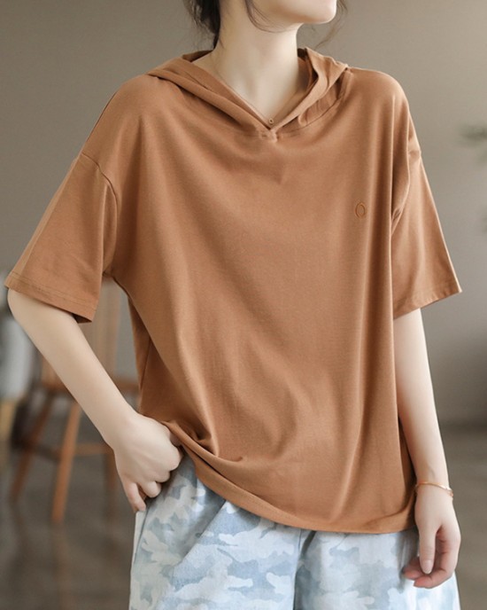 Hooded Solid Color Short Sleeves Hooded T-Shirts Tops