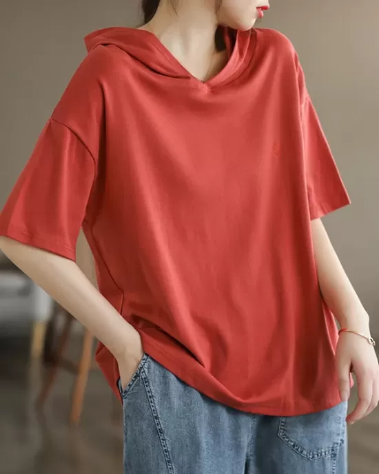 Hooded Solid Color Short Sleeves Hooded T-Shirts Tops