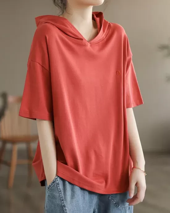 Hooded Solid Color Short Sleeves Hooded T-Shirts Tops