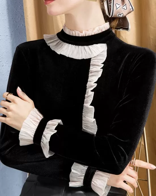 Ruffled Split-Joint Velvet Long Sleeves Skinny Mock Neck T-Shirts Tops