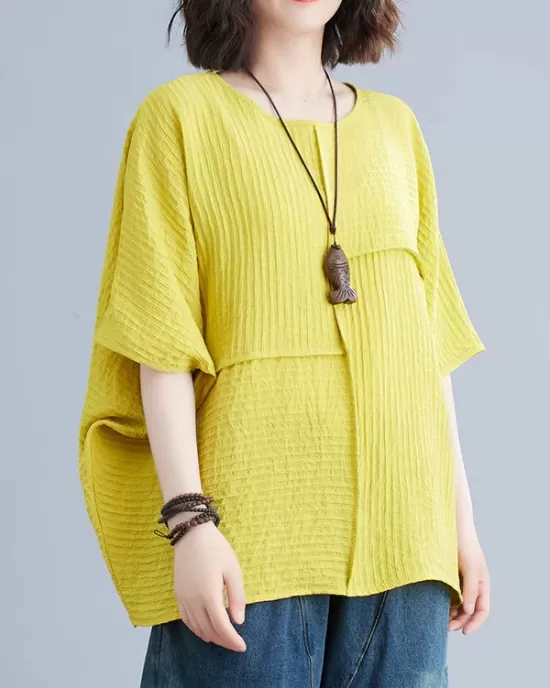 Solid Color Split-Joint Batwing Sleeves Loose Round-neck T-Shirts Tops