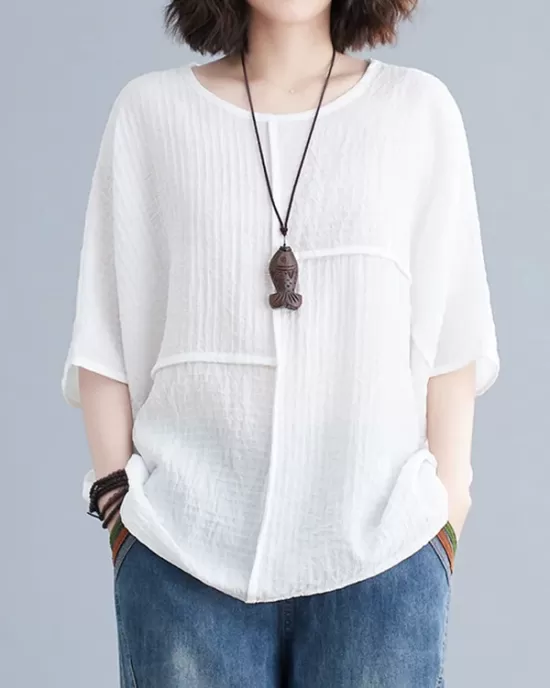 Solid Color Split-Joint Batwing Sleeves Loose Round-neck T-Shirts Tops