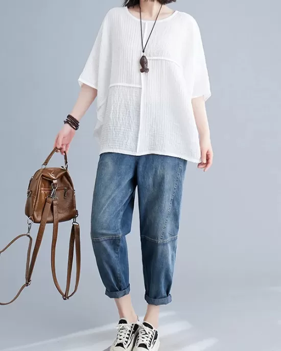 Solid Color Split-Joint Batwing Sleeves Loose Round-neck T-Shirts Tops