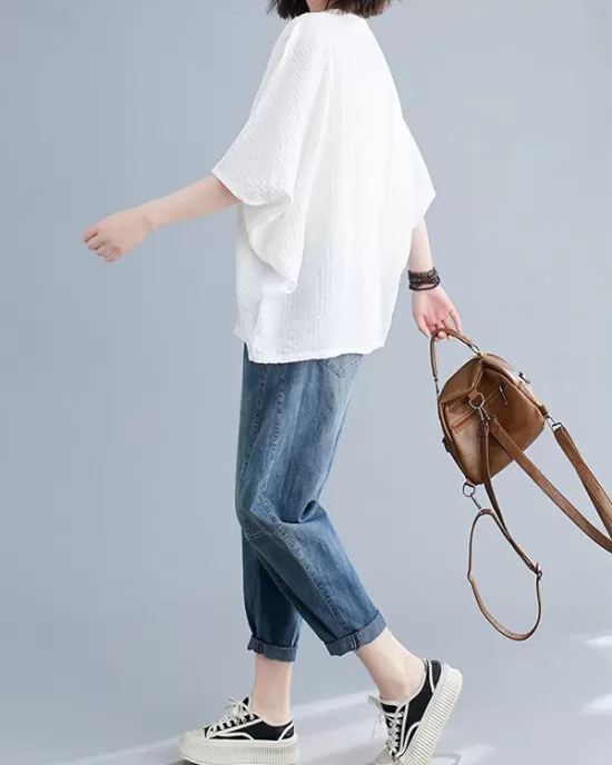 Solid Color Split-Joint Batwing Sleeves Loose Round-neck T-Shirts Tops