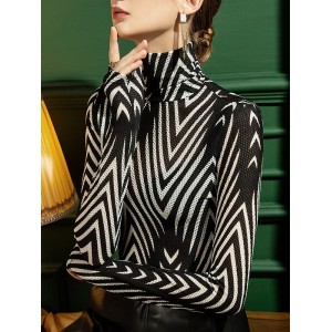 Striped Long Sleeves Skinny High-Neck T-Shirts Tops