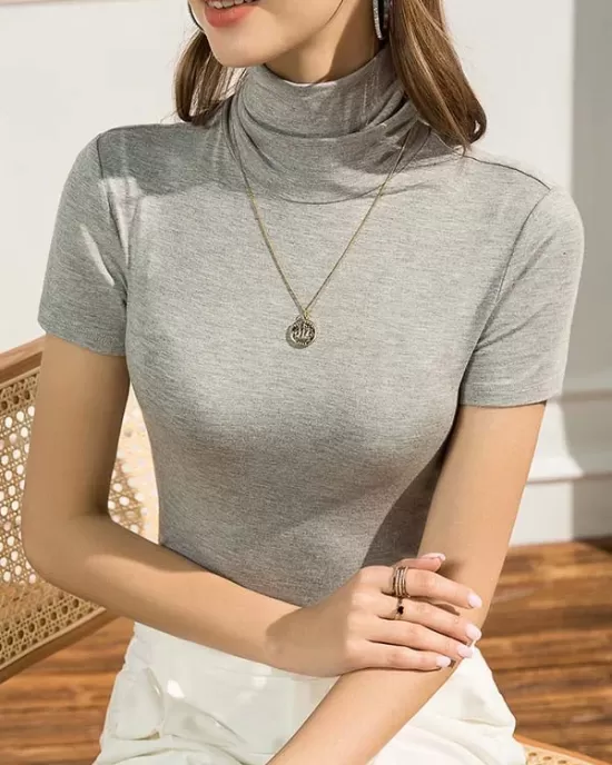 Casual Skinny Short Sleeves Solid Color High-Neck T-Shirts Tops