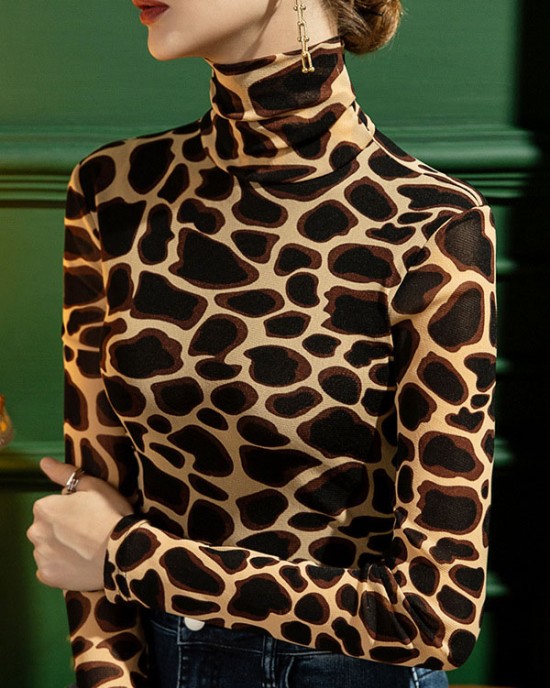 Leopard Long Sleeves Skinny High-neck T-Shirts Tops