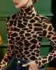 Leopard Long Sleeves Skinny High-neck T-Shirts Tops