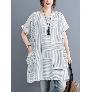 Striped Loose Short Sleeves Round-Neck T-Shirts