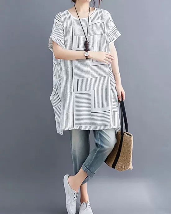 Striped Loose Short Sleeves Round-Neck T-Shirts