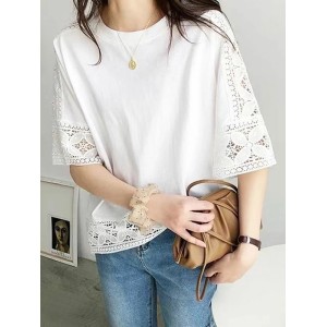 Hollow Solid Color Split-Joint Half Sleeves Loose Round-Neck T-Shirts