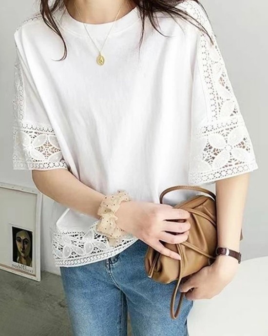 Hollow Solid Color Split-Joint Half Sleeves Loose Round-Neck T-Shirts