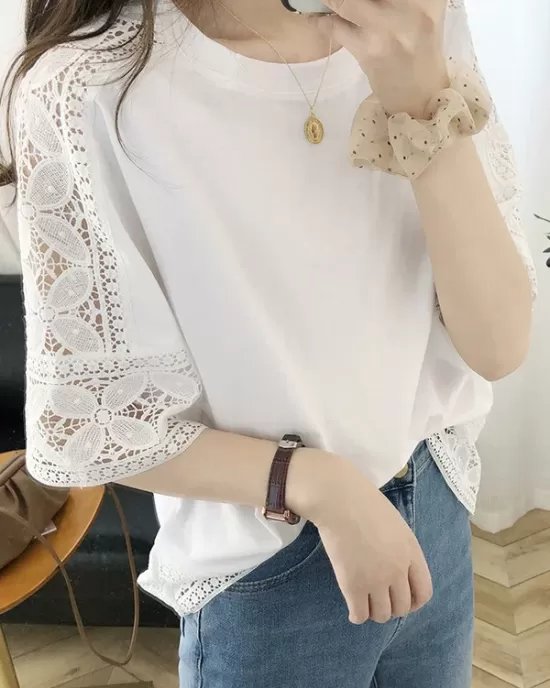 Hollow Solid Color Split-Joint Half Sleeves Loose Round-Neck T-Shirts