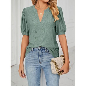 Hollow Solid Color Bishop Sleeve Loose V-neck T-Shirts Tops