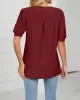 Hollow Solid Color Bishop Sleeve Loose V-neck T-Shirts Tops