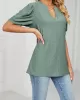 Hollow Solid Color Bishop Sleeve Loose V-neck T-Shirts Tops