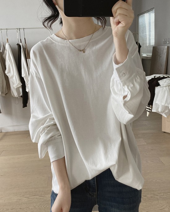 Solid Color Long Sleeves Loose Round-neck T-Shirts Tops