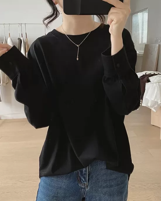 Solid Color Long Sleeves Loose Round-neck T-Shirts Tops