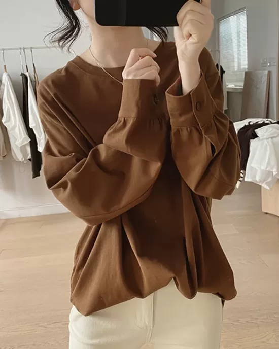 Solid Color Long Sleeves Loose Round-neck T-Shirts Tops