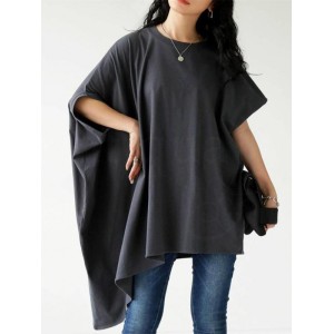 Solid Color Batwing Sleeves Half Sleeves Round-Neck T-Shirts Tops