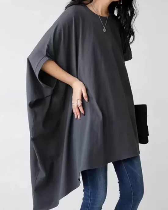 Solid Color Batwing Sleeves Half Sleeves Round-Neck T-Shirts Tops