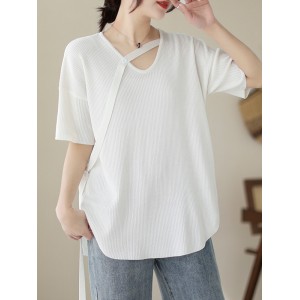 Solid Color Loose Short Sleeves V-neck T-shirts