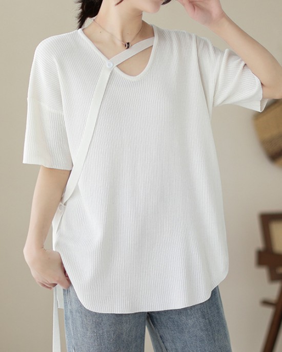 Solid Color Loose Short Sleeves V-neck T-shirts