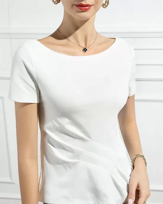 Pleated Solid Color Irregular clipping Short Sleeves Round-neck T-Shirts Tops