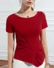 Pleated Solid Color Irregular clipping Short Sleeves Round-neck T-Shirts Tops