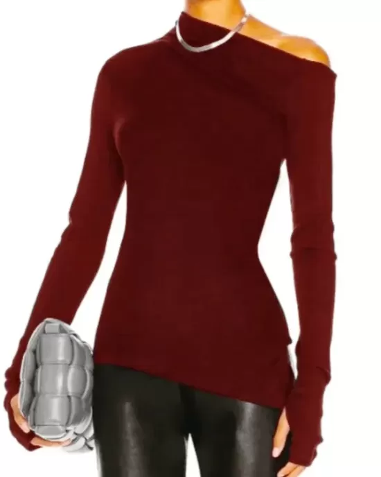 Stylish Solid Color One-Shoulder Long Sleeves T-Shirt Top