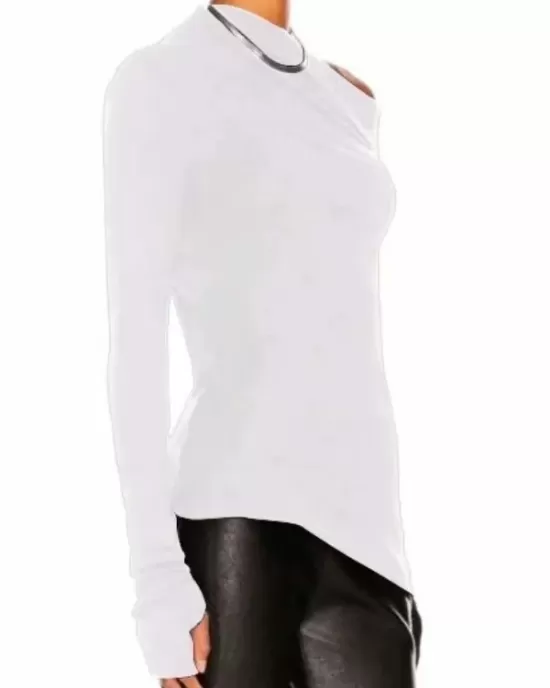 Stylish Solid Color One-Shoulder Long Sleeves T-Shirt Top