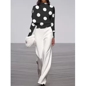 Long Sleeves Loose Polka Dot Stand Collar T-Shirts