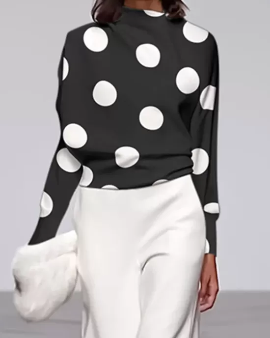 Long Sleeves Loose Polka Dot Stand Collar T-Shirts