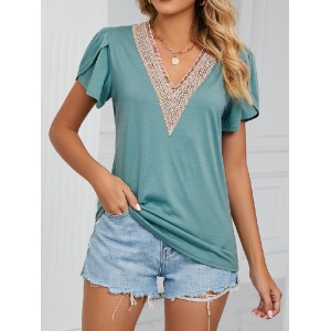 Applique Loose Short Sleeves V-Neck T-Shirts Tops