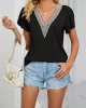 Applique Loose Short Sleeves V-Neck T-Shirts Tops