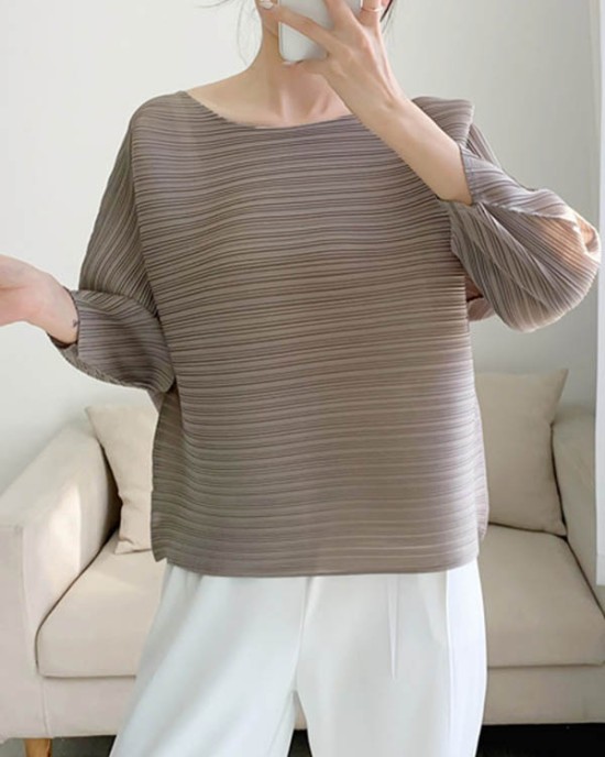 Casual Loose Three-Quarter Sleeves Pleated Solid Color Round-Neck T-Shirts Tops