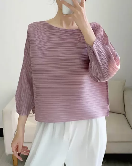 Casual Loose Three-Quarter Sleeves Pleated Solid Color Round-Neck T-Shirts Tops