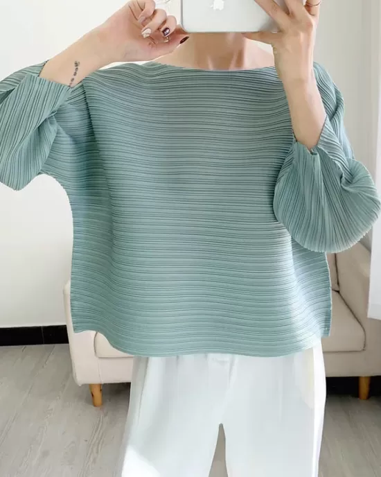 Casual Loose Three-Quarter Sleeves Pleated Solid Color Round-Neck T-Shirts Tops