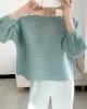 Casual Loose Three-Quarter Sleeves Pleated Solid Color Round-Neck T-Shirts Tops