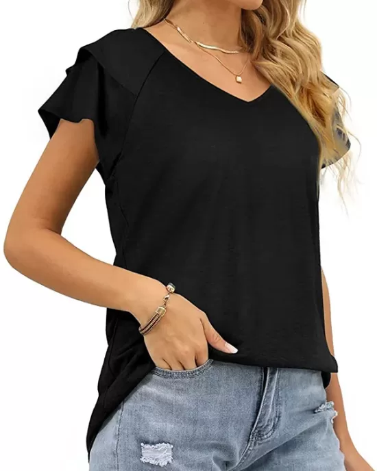 Falbala Solid Color Split-Joint Loose Short Sleeves V-Neck T-Shirts