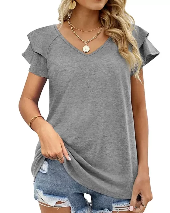 Falbala Solid Color Split-Joint Loose Short Sleeves V-Neck T-Shirts