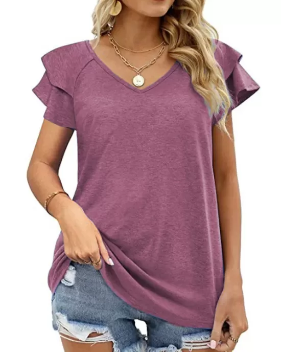 Falbala Solid Color Split-Joint Loose Short Sleeves V-Neck T-Shirts