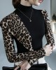 Leopard Split-Joint Long Sleeves Skinny High-Neck T-Shirts Tops