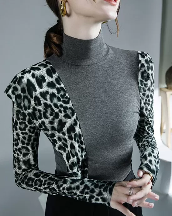 Leopard Split-Joint Long Sleeves Skinny High-Neck T-Shirts Tops