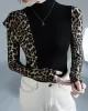 Leopard Split-Joint Long Sleeves Skinny High-Neck T-Shirts Tops