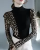 Leopard Split-Joint Long Sleeves Skinny High-Neck T-Shirts Tops