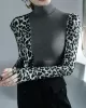 Leopard Split-Joint Long Sleeves Skinny High-Neck T-Shirts Tops